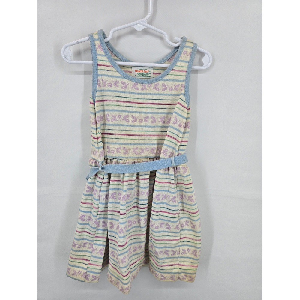 Vintage‎ Health-tex Girls Dress Size 5 Striped Floral Knit Sleeveless Belted USA